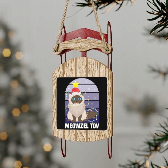 Meowzel Tov Hanukkah Black Cat Christmas Lights Sled Ornaments