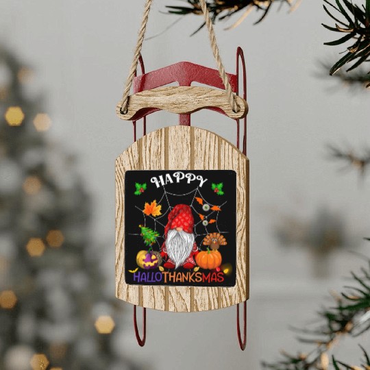 Happy HalloThanksMas Gnome Sled Ornaments