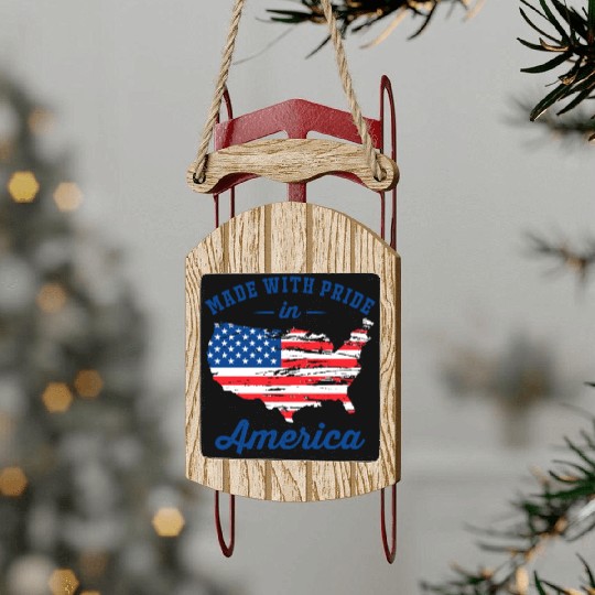 Made With Pride in America Patriotic USA Map with Sled Ornaments
