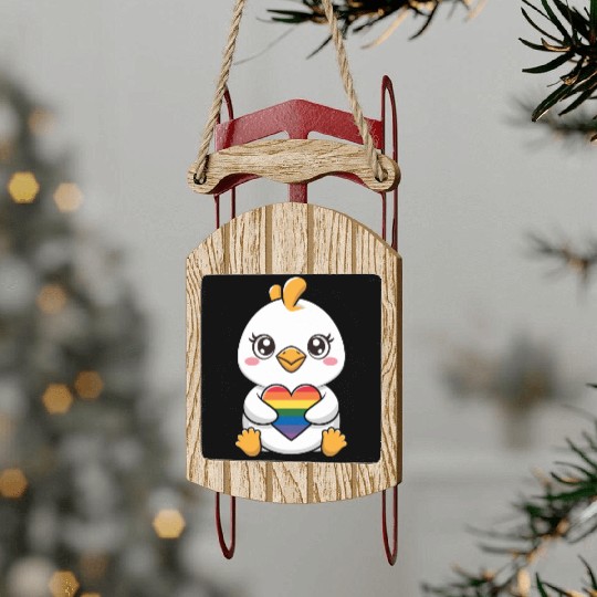Adorable Chick Holding Rainbow Heart LGTBQ Sled Ornaments