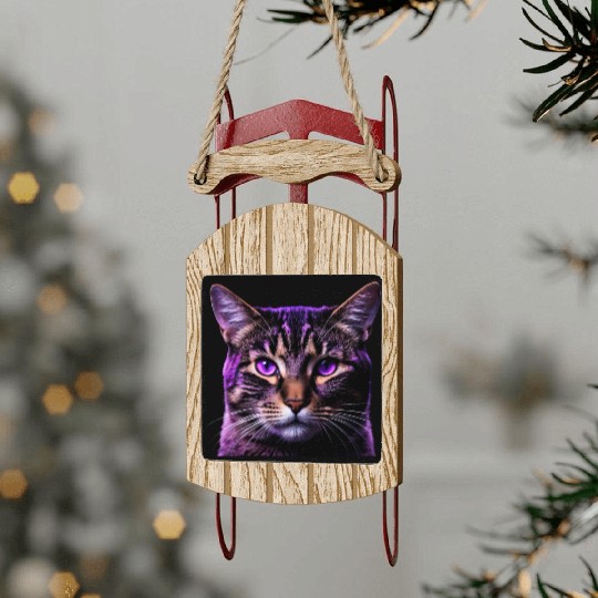 Vivid Lilac-Eyed Tabby Cat Portrait Sled Ornaments