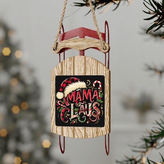 Festive 'Mama Claus' Christmas Sled Ornaments with Plaid