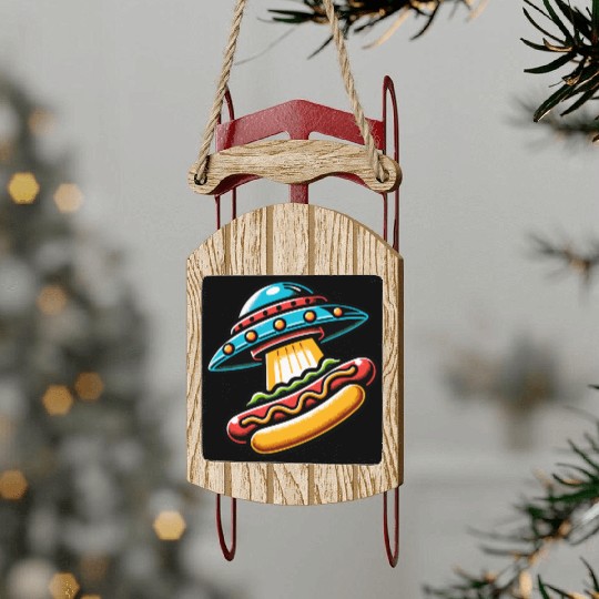UFO HotDog Abduction Sled Ornaments