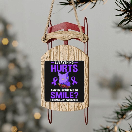 Everything Hurts Cat Purple Ribbon Fibro Awareness Sled Ornaments