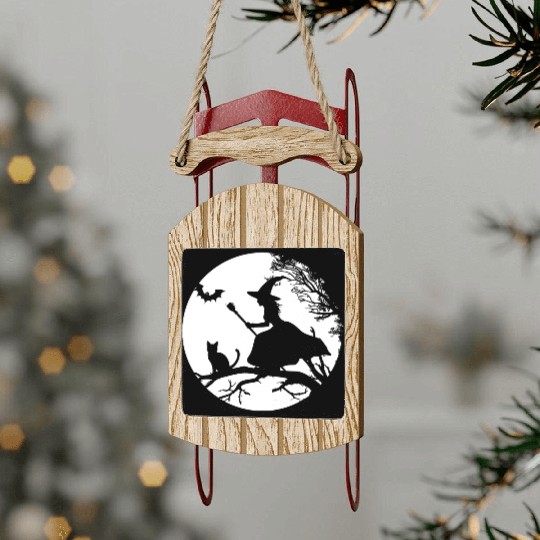 Halloween Witch with Cat and Bat Design Sled Ornaments