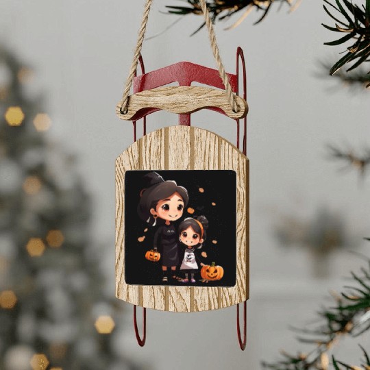 Mother and Daughter Halloween Trick-or-Treat Fun Sled Ornaments