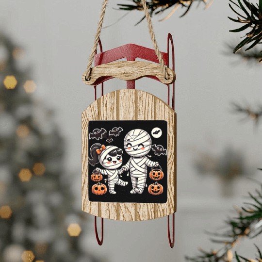 Kawaii Mummy Family Trick-or-Treat Halloween Fun Sled Ornaments