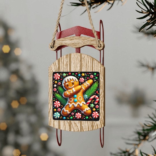 Dabbing Gingerbread Cookie Christmas Fun Sled Ornaments
