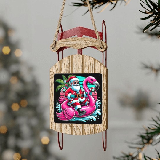 Santa Riding Flamingo in Tropical Christmas Fun Sled Ornaments
