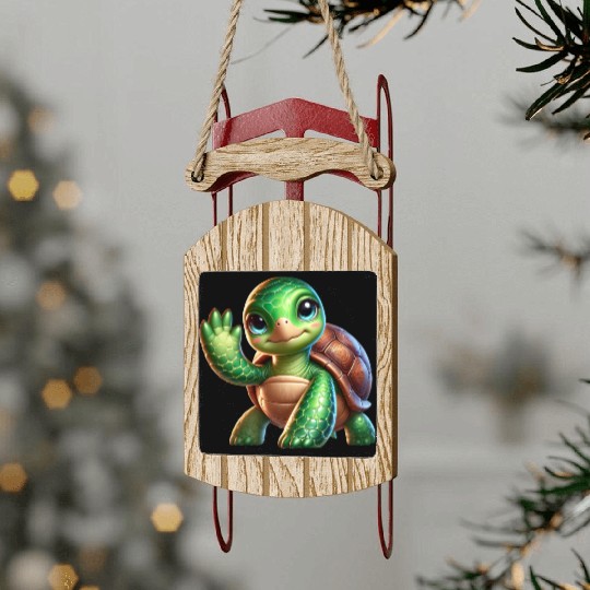Adorable Waving Turtle Sled Ornaments