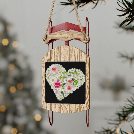 heart of flowers blossoms daisy tulip pink peony Sled Ornaments