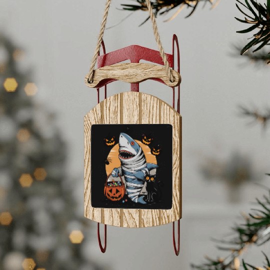 Spooky Shark Mummy and Black Cat Trick-or-Treat Sled Ornaments