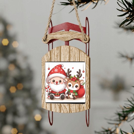 Festive Santa and Reindeer Illustration Sled Ornaments