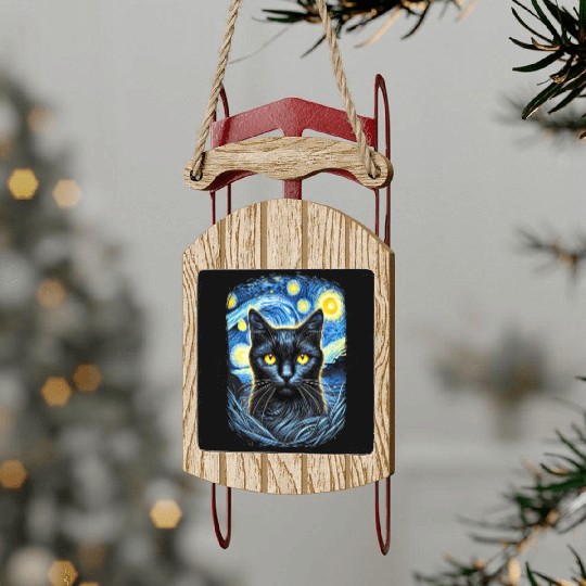 Funny Starry Night Black Cat Van Gogh Art Cat Sled Ornaments