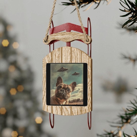 Funny French Bulldog Dog Selfie with UFOs Alien Sled Ornaments