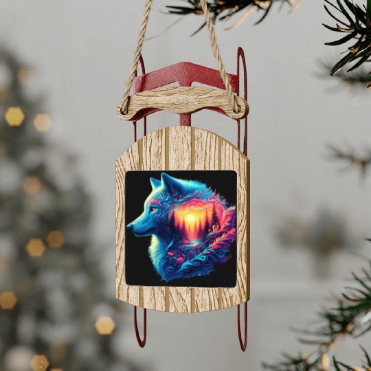 Colorful Wolf and Sunset Forest Sled Ornaments