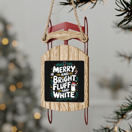 Merry And Bright, Fluff And White Penguin Sled Ornaments
