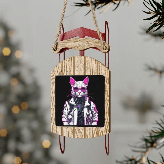 Cyberpunk Cat: Neon Outlaw Sled Ornaments