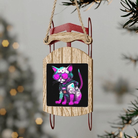 Punk Space Cat with Neon Goggles Sled Ornaments