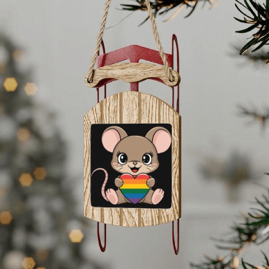 Cute Mouse Holding LGTBQ Rainbow Heart Sled Ornaments