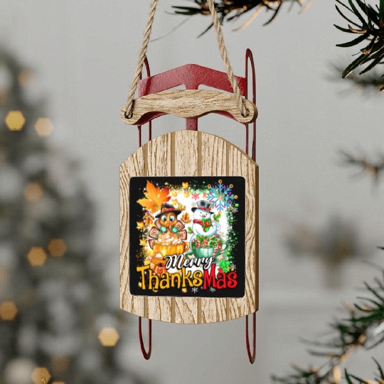 Merry Thanksmas Turkey Snowman Coffee latte cup Sled Ornaments