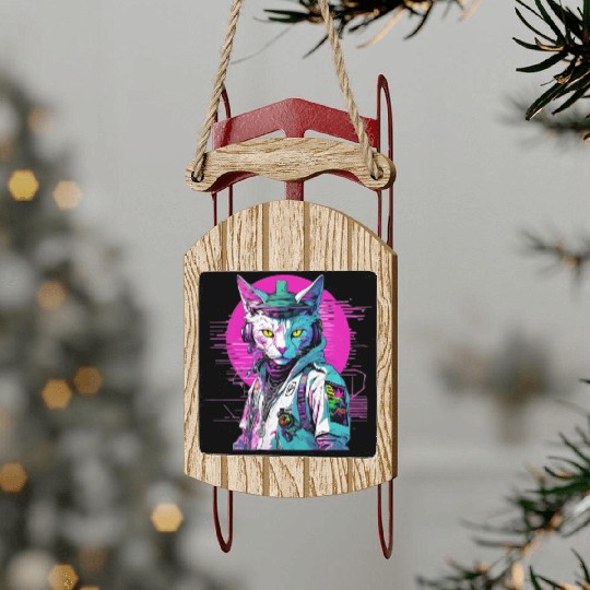 Neon Cyberpunk Warrior Cat Sled Ornaments