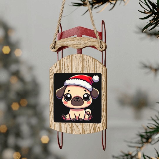Cute Christmas Pug Cartoon with String Lights Sled Ornaments