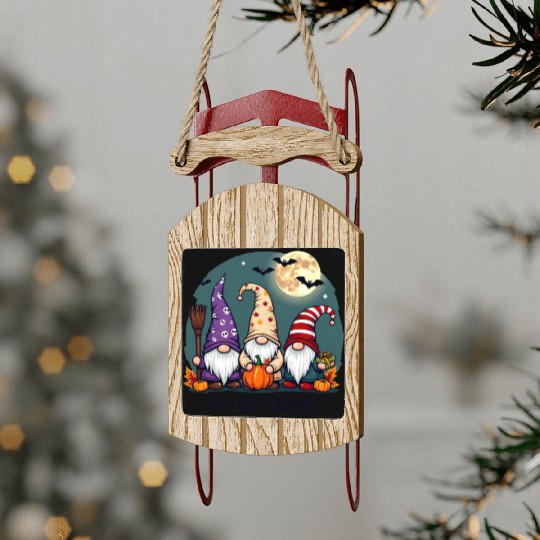 Happy Hallothanksmas Gnomes Celebration with Bats Sled Ornaments