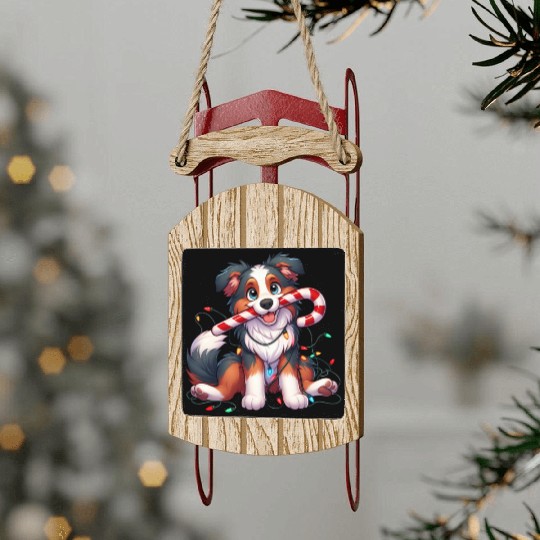 Christmas Dog Australian Shepard Lights Sled Ornaments