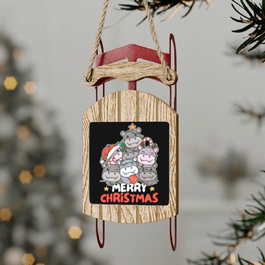Hippo Christmas Tree Merry Christmas Sled Ornaments