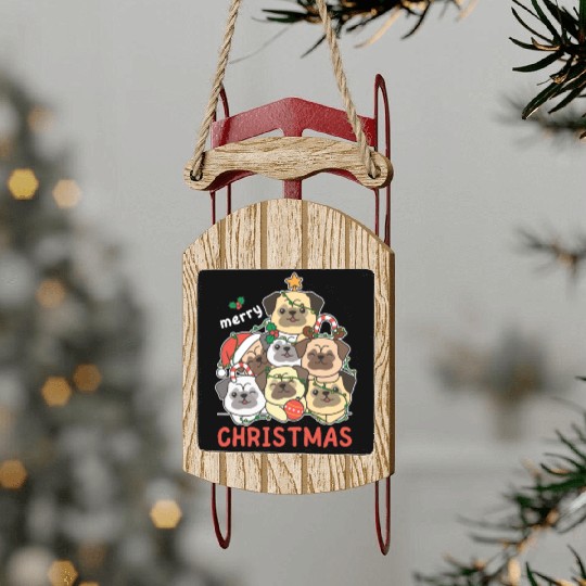 Pug Christmas Tree Merry Christmas Sled Ornaments
