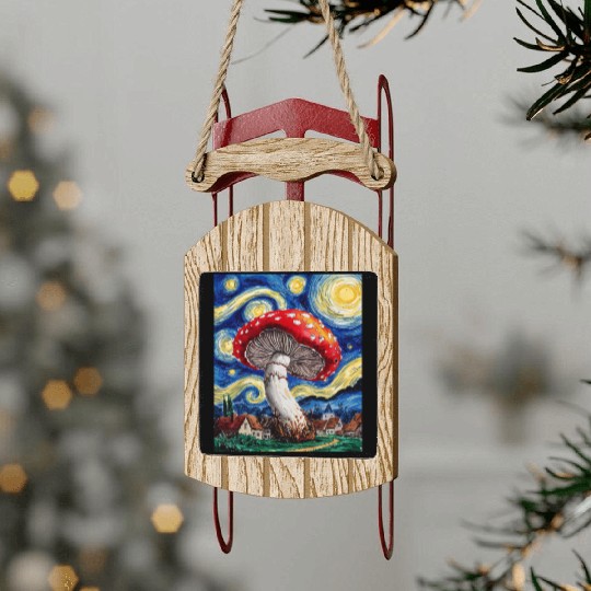 Starry Night Mushroom: Surreal Watercolor Dreamsca Sled Ornaments
