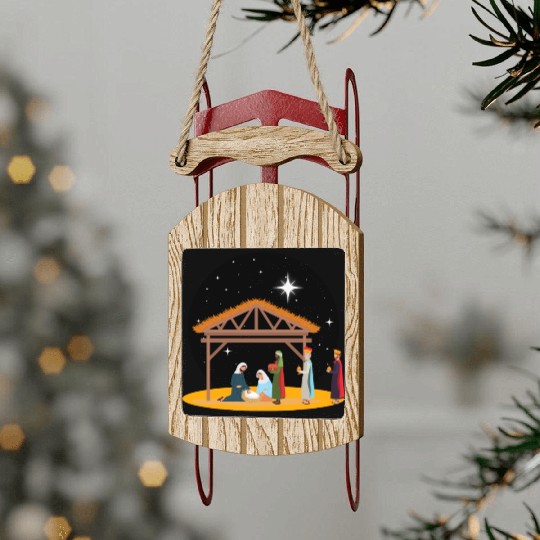 Christmas Holiday Manger Nativity Scene Sled Ornaments