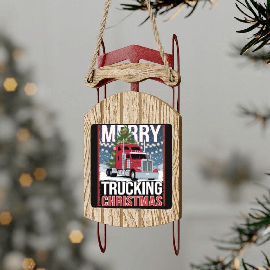Merry Trucking Christmas Festive Semi-Truck Card Sled Ornaments