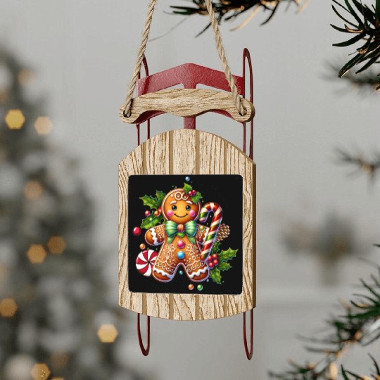 Happy gingerbread man with candy cane Sled Ornaments
