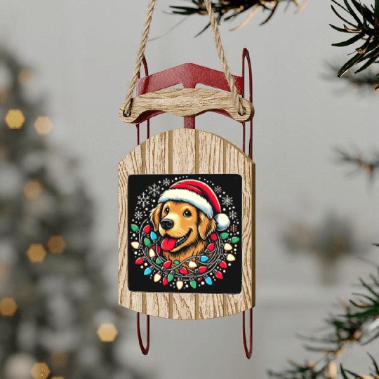 Golden Retriever with Santa Hat & Christmas Sled Ornaments
