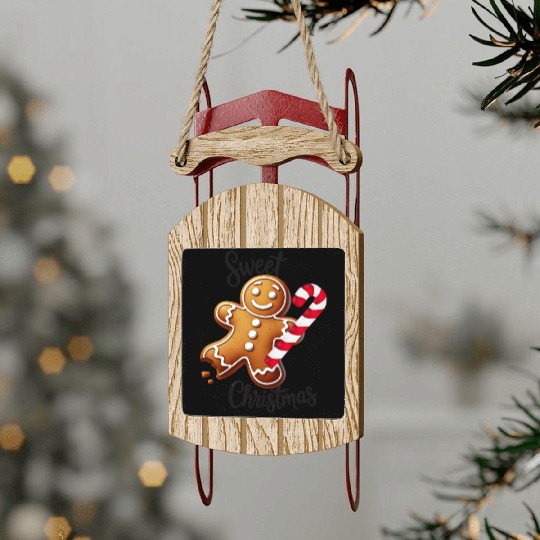 Happy gingerbread man with candy cane Sled Ornaments