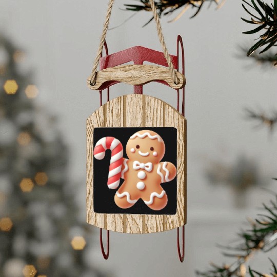 Happy gingerbread man with candy cane Sled Ornaments