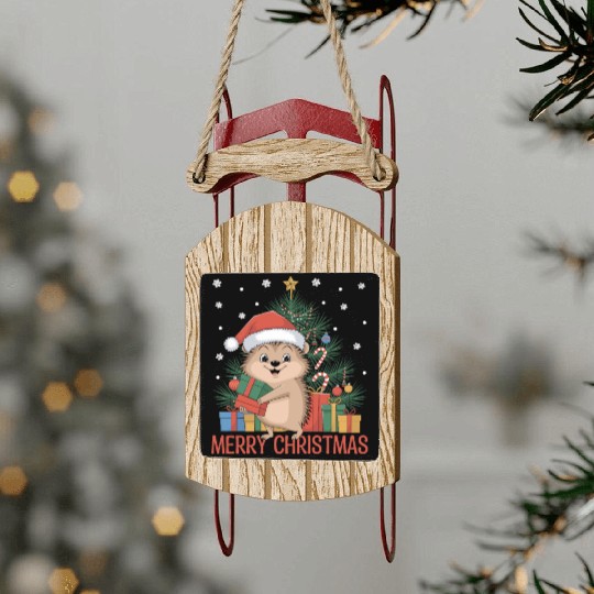 Christmas Hedgehog Santa Hat Sled Ornaments