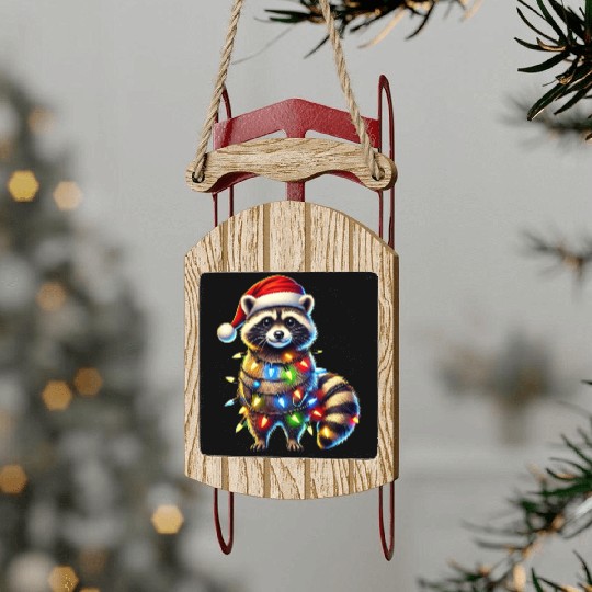 Festive Raccoon with Christmas Lights Sled Ornaments