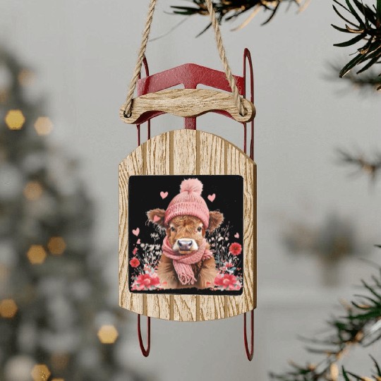 Cute Highland Cow Valentines Day Sled Ornaments