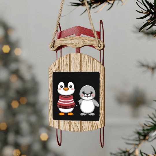 Cute Penguin and Seal Best Buddies Friends Sled Ornaments