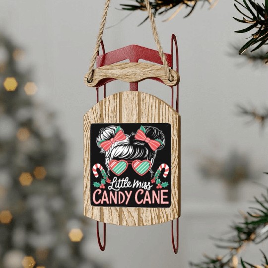 Little Miss Candy Cane Christmas Messy Bun Toddler Sled Ornaments