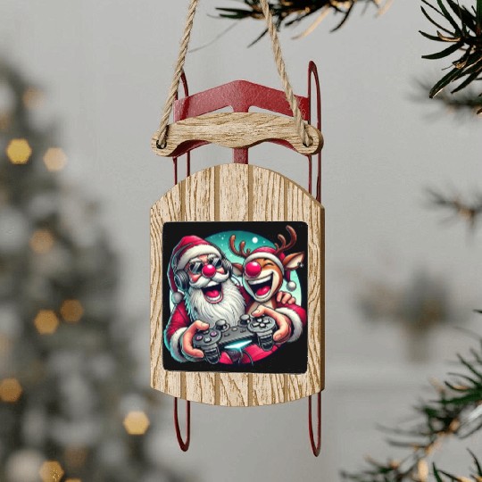Funny Christmas Duo: Santa & Rudolph Gaming Sled Ornaments
