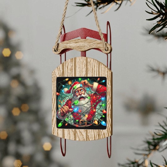 Funny Christmas Santa: Tangled in Lights Sled Ornaments