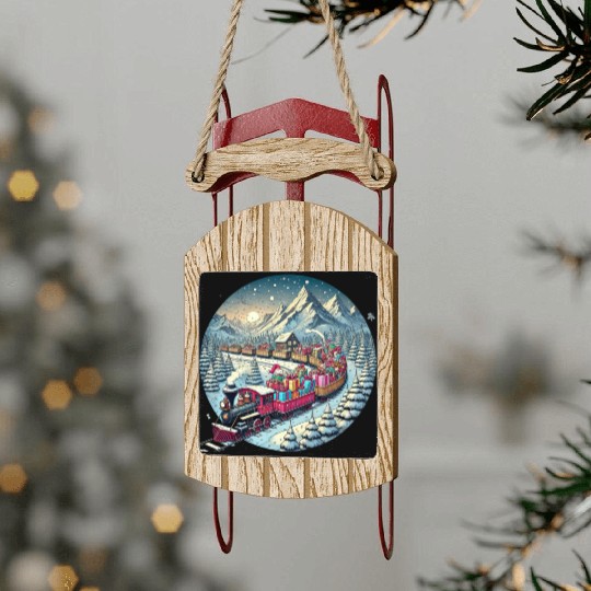 Christmas Train of Gifts through Snowy Peaks Sled Ornaments