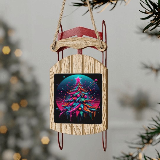 Neon Graffiti Christmas Tree with Bold Spray Paint Sled Ornaments