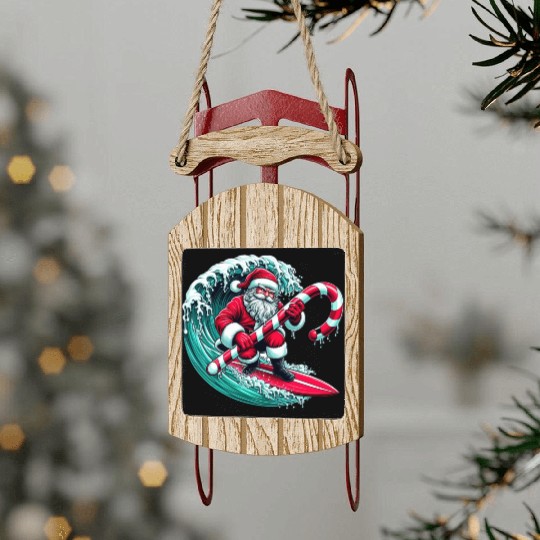 Santa Surfing Candy Cane Wave - Christmas Gifts Sled Ornaments