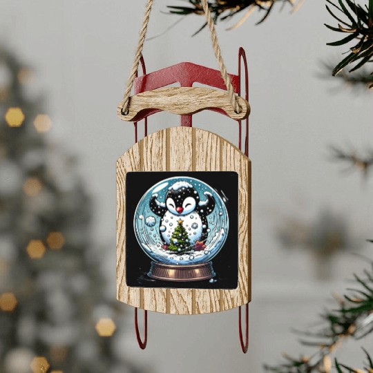 Penguin in a Snow Globe: Christmas Storm & Cheer Sled Ornaments