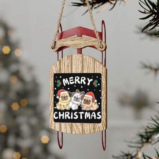 Merry Christmas Cute Pug Festive Lights Pug Sled Ornaments